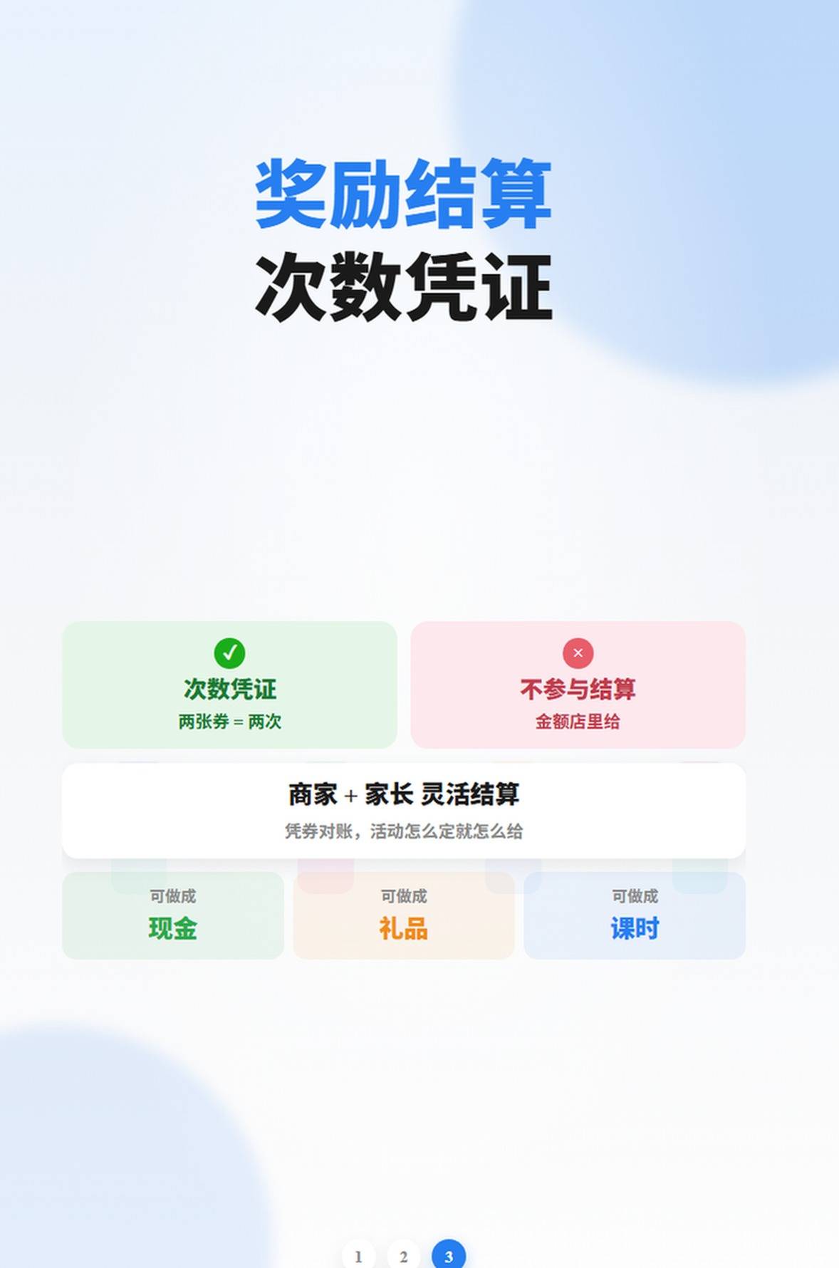 优惠券作为次数凭证，商家和家长凭券灵活结算现金礼品或课时