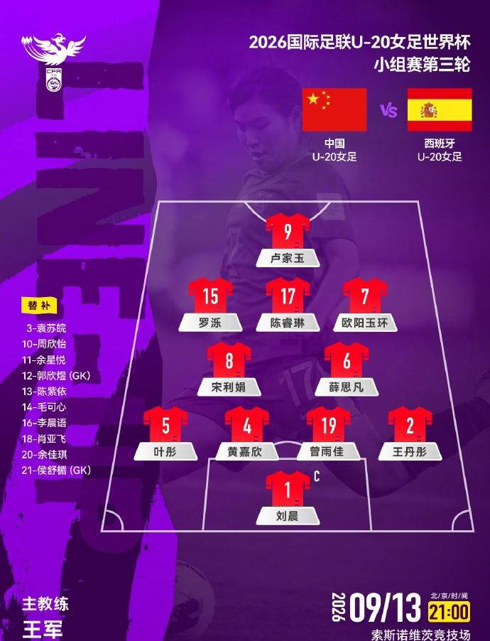 中国U20女足首发公布：卢家玉进入首发阵容，轮换阵容为淘汰赛演练B计划