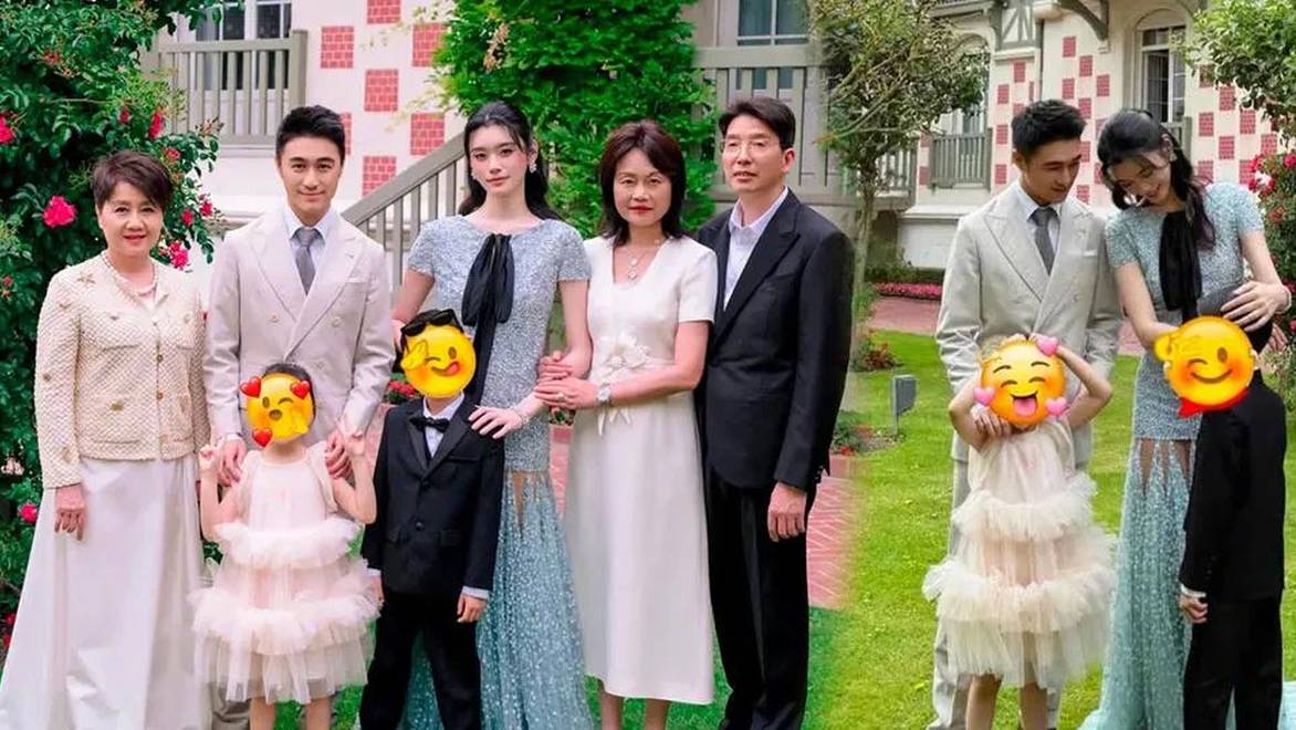 奚梦瑶晒婚礼欢迎晚宴照，与何猷君一家人合影