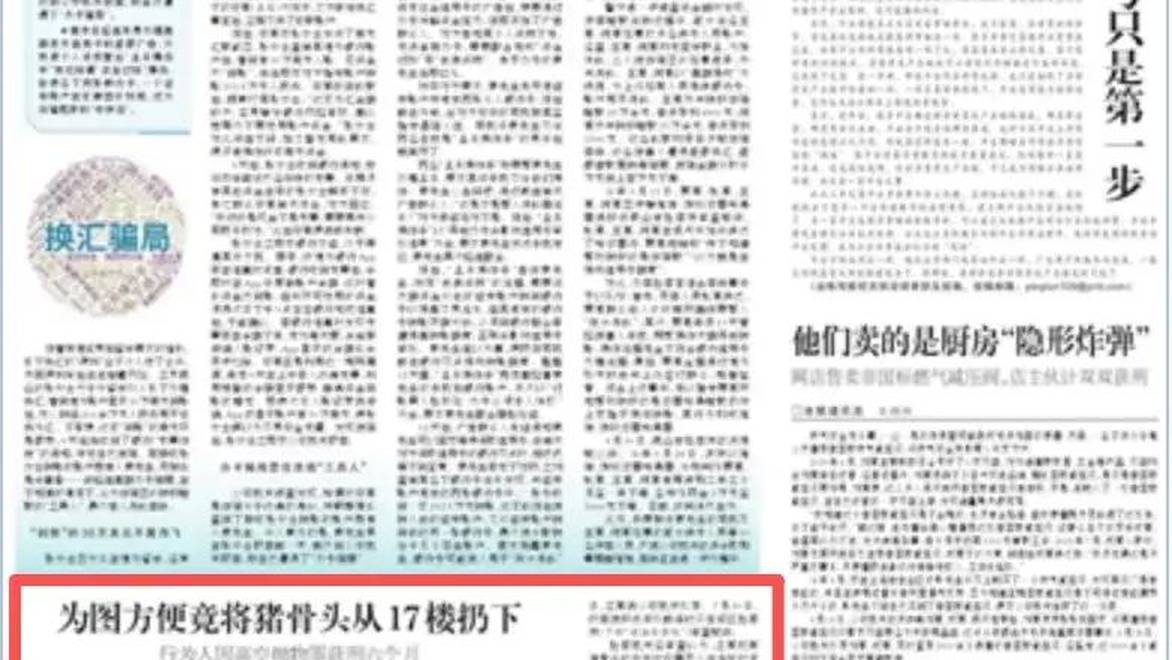 随手将吃剩的猪排骨从17楼抛下，楼下一行人当场被砸晕、头部血流不止，抛物者被判刑6个月