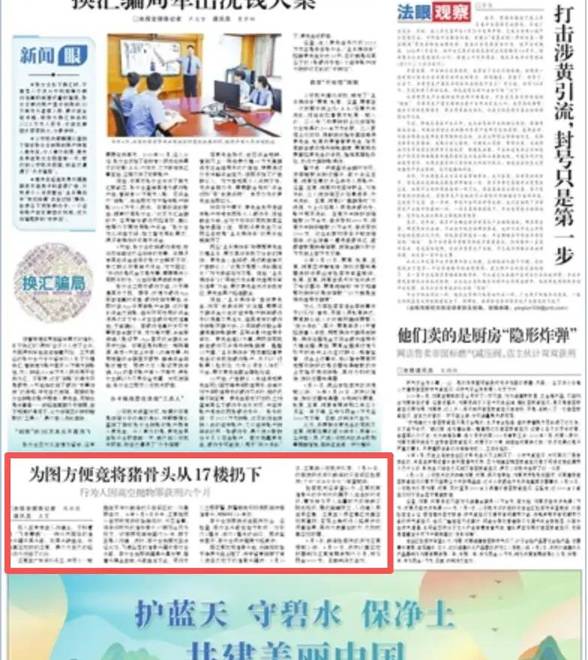 随手将吃剩的猪排骨从17楼抛下，楼下一行人当场被砸晕、头部血流不止，抛物者被判刑6个月