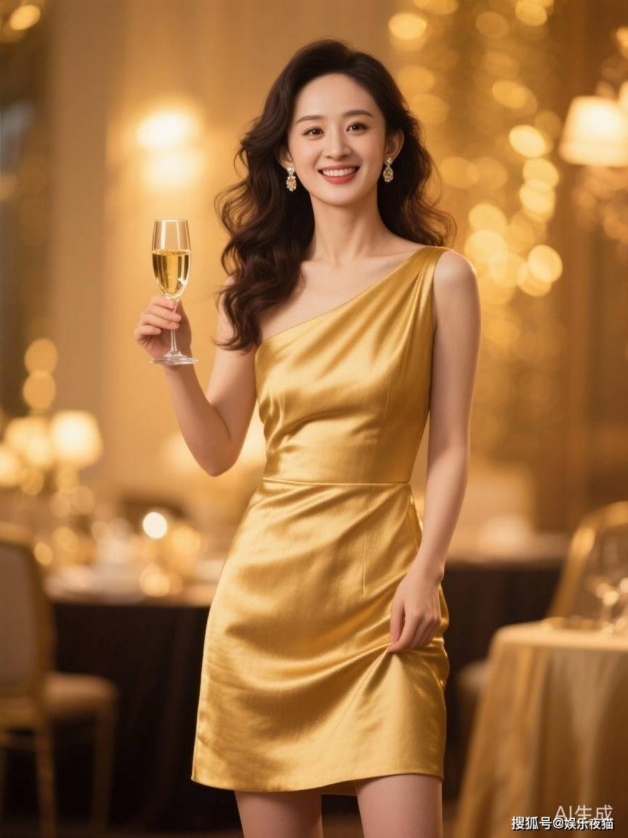 赵丽颖一袭金色斜肩短裙礼服写真气质优雅端庄又不失灵动