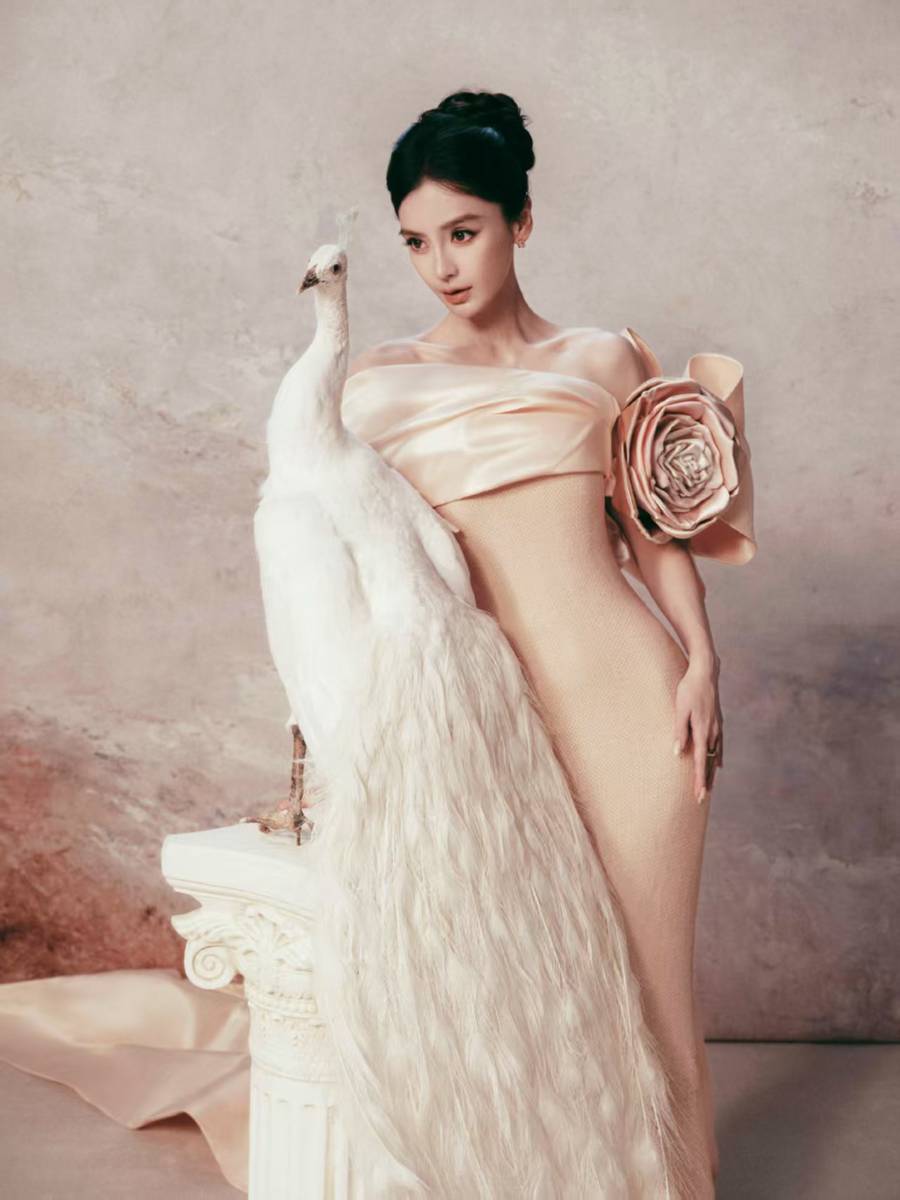 杨颖穿礼裙优雅灵动 与白孔雀相伴宛如画中仙子