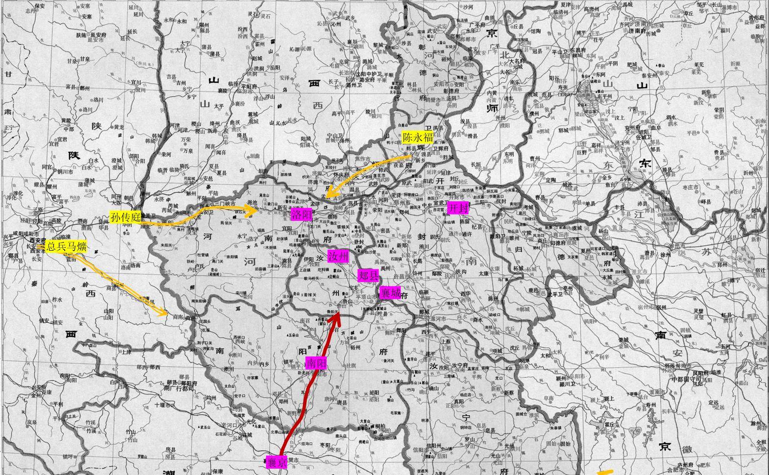 孙传庭主力以牛成虎,卢光祖为前锋,由灵宝入洛;高杰为中军.