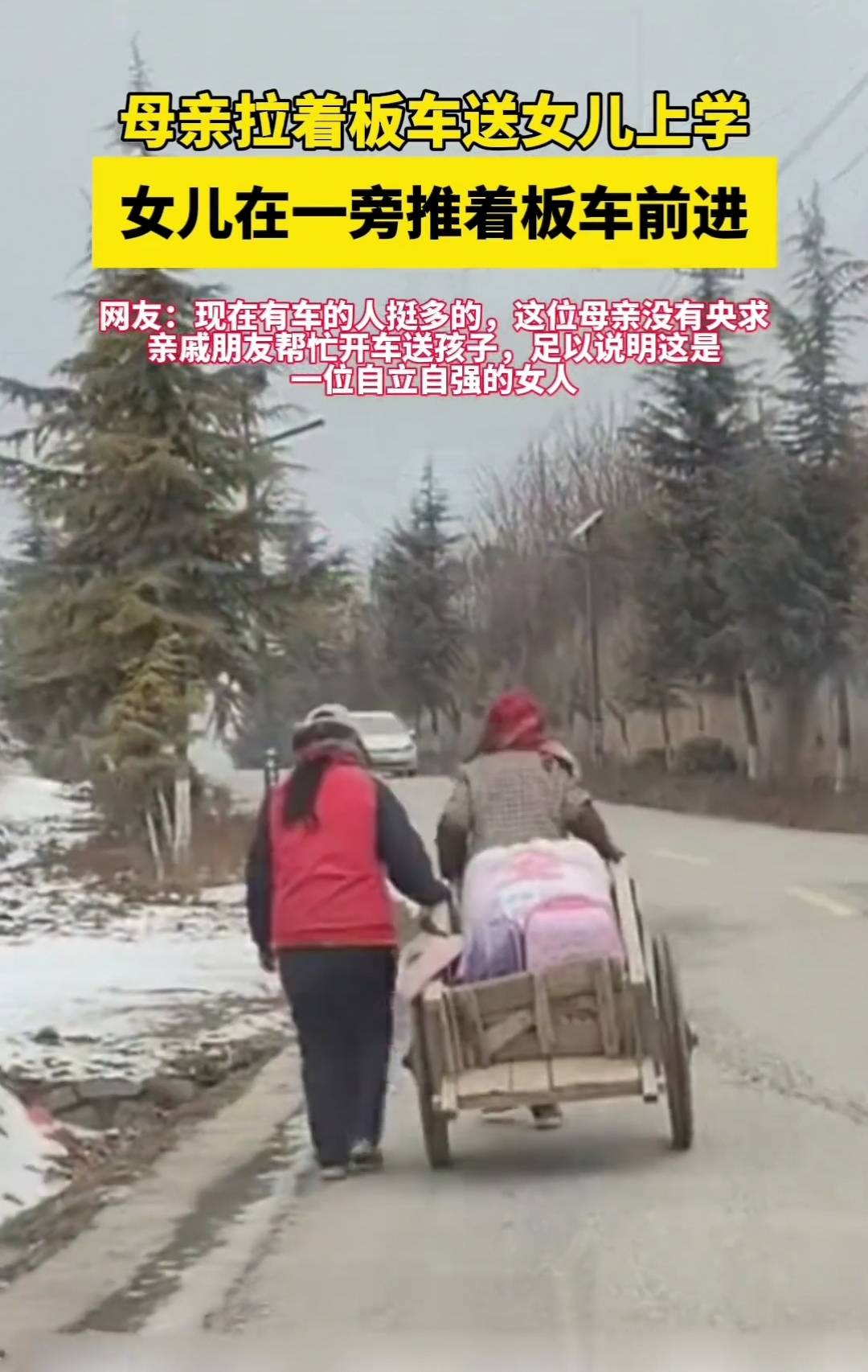 镜头中,一位包着头巾的母亲正拉着板车,那是一种