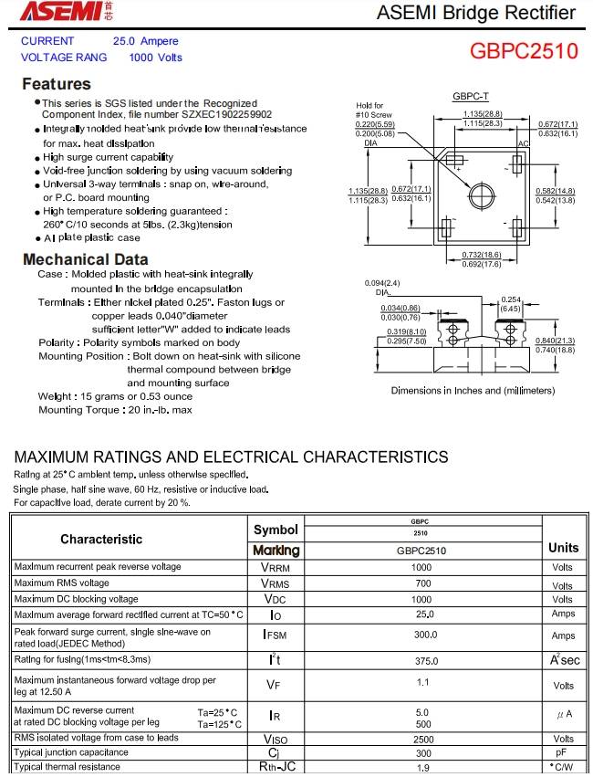 gbpc2510asemi逆变器整流桥gbpc2510