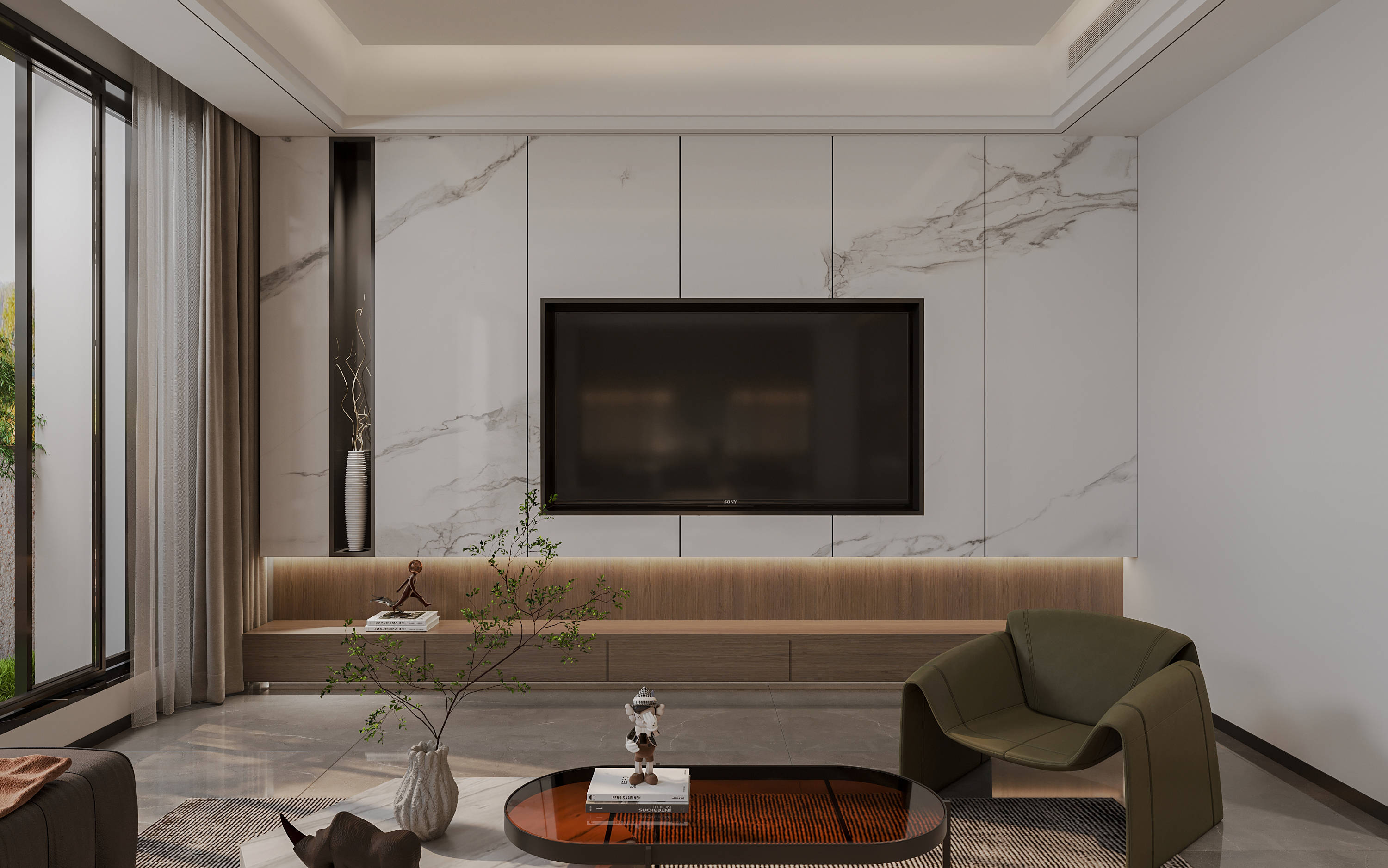 抗板装饰的背景墙中安置着家具,同时两侧的落地窗将窗外风景引入室内