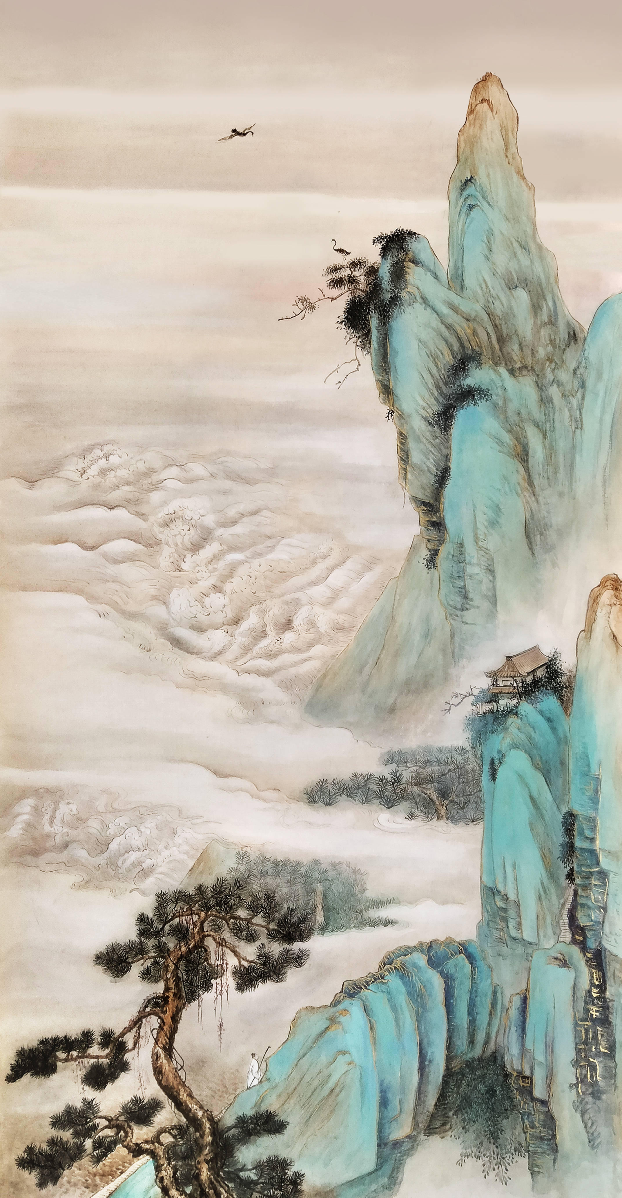 界画寒江---金碧青绿山水《仙山观海图》