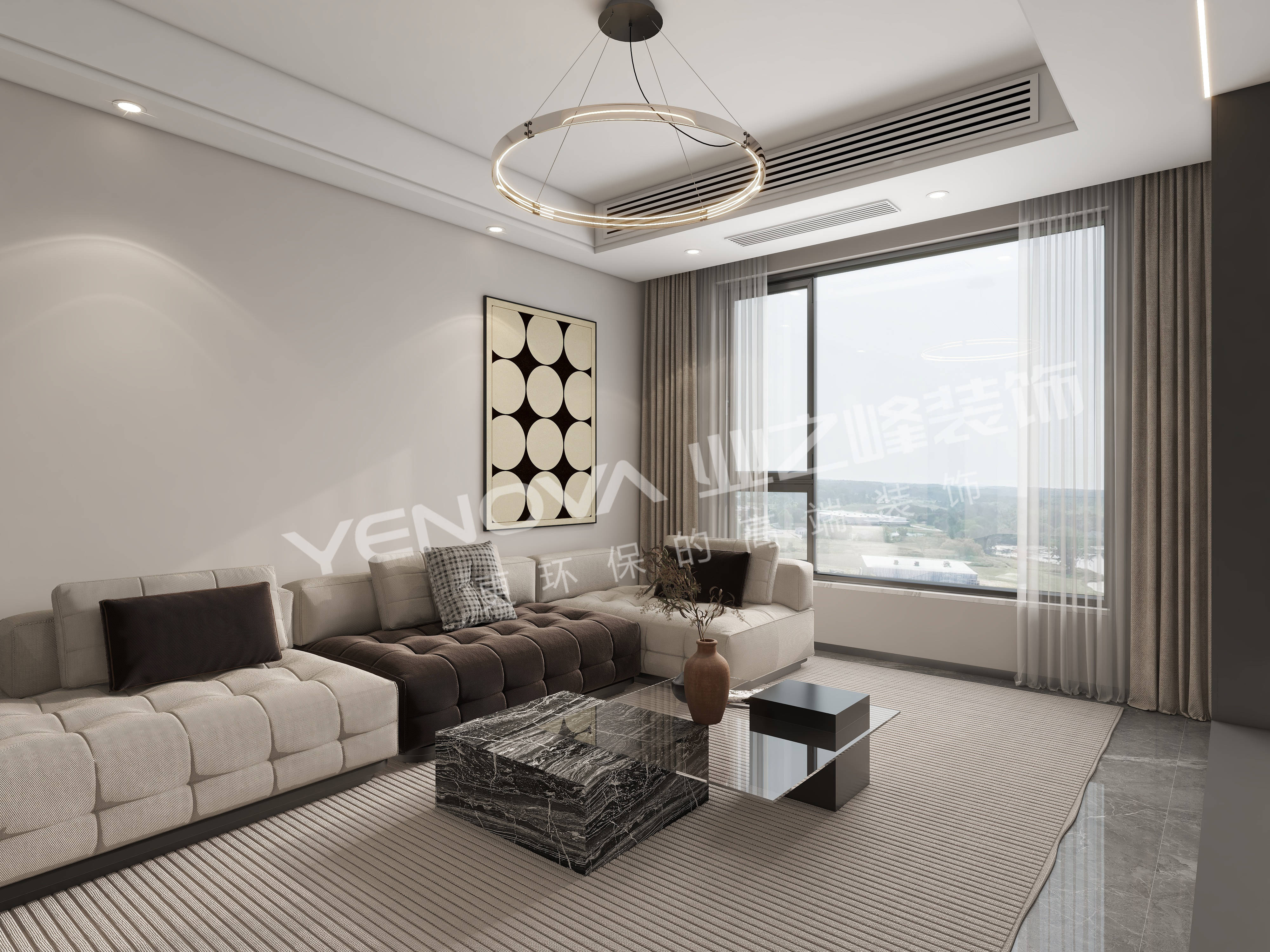 米白色搭配褐色沙发给空间注入了灵气与格调,搭配同款色系的背景墙和