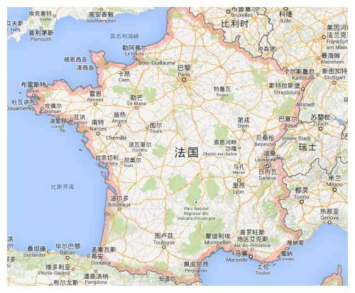 法国本土位于欧洲西部,濒临大西洋,地中海,北部隔英吉利海峡和英国