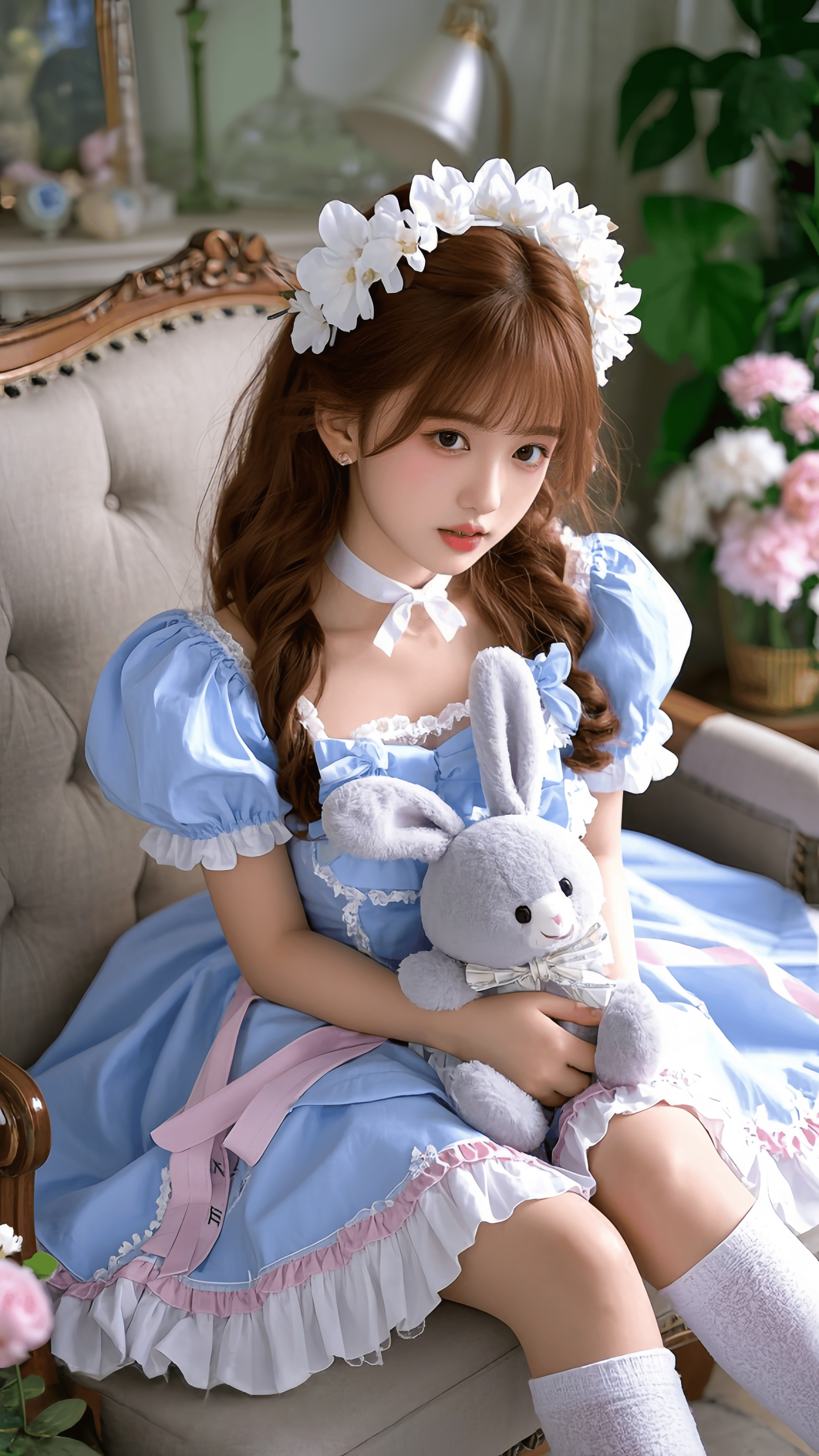 蓝白绮梦:洛丽塔少女与花