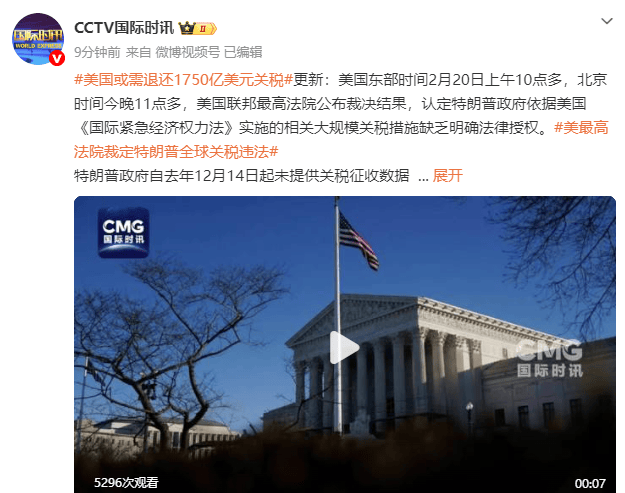美国或需退还1750亿美元关税