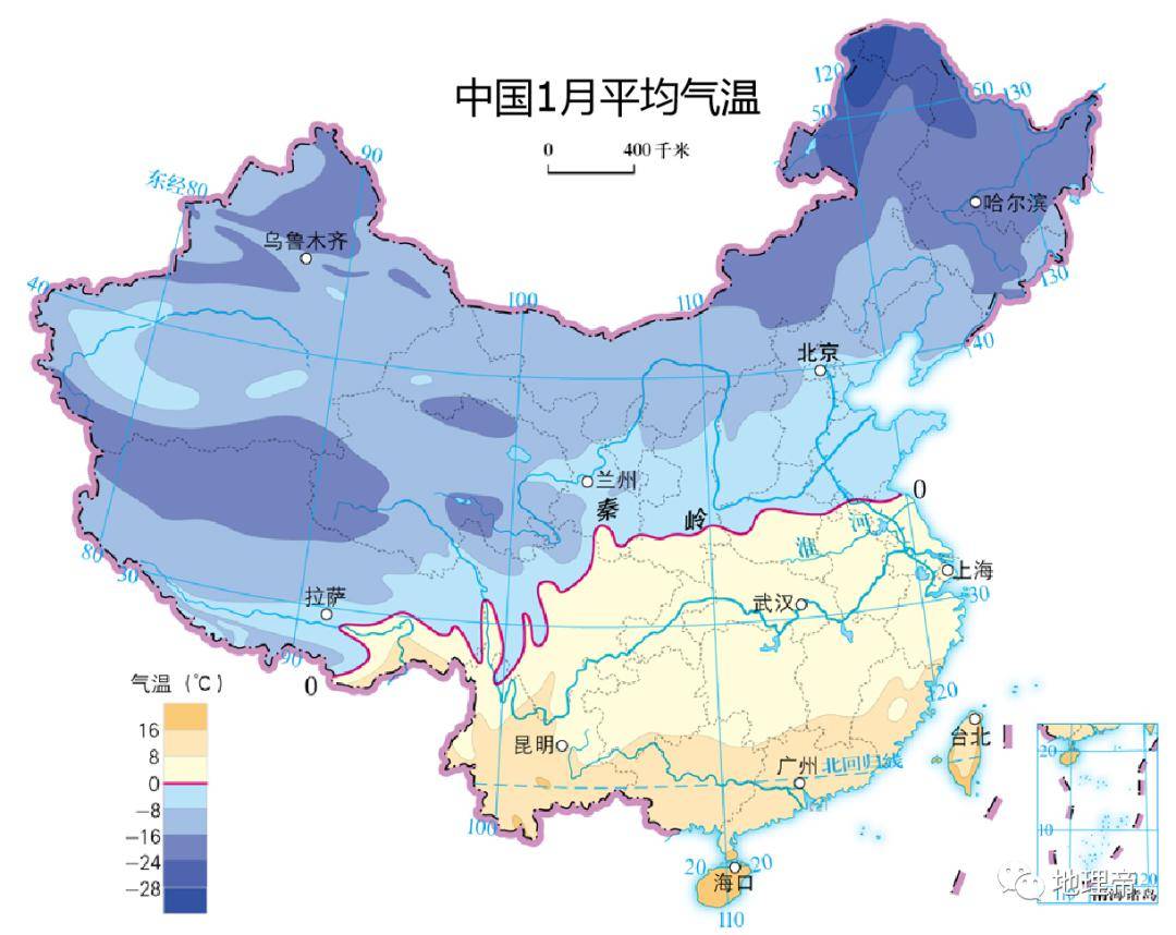 一月份中国0℃等温线02中国的南北方分界线01秦岭淮河一线是东西走向