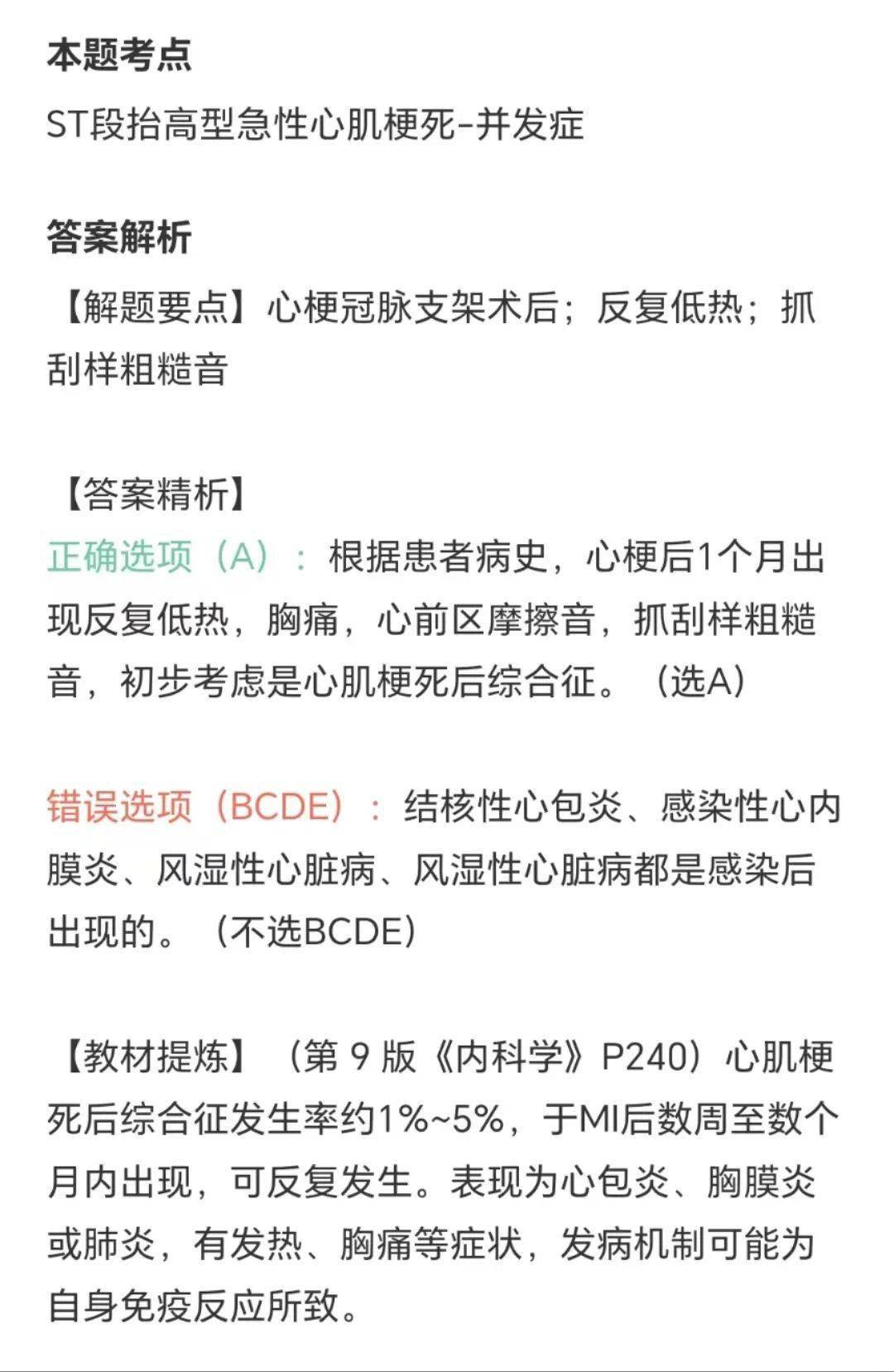 心梗冠脈支架術後 1 月發熱,胸痛,最可能的診斷是?