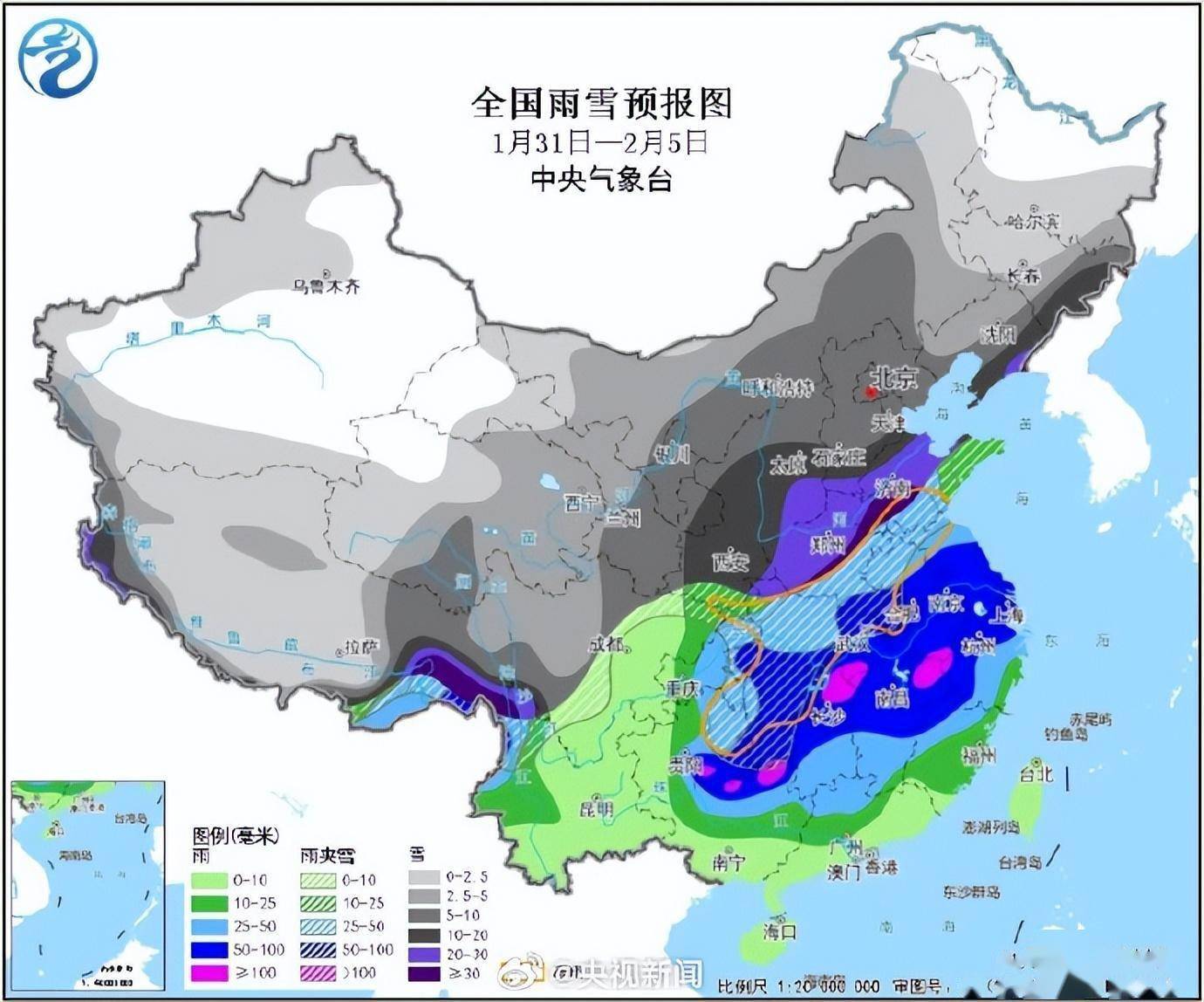 全国雨雪预报图上颜色快不够用了,10 省份将出现极端性降雪,极端性