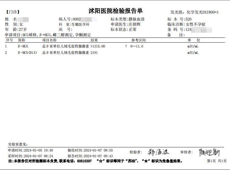 生化妊娠检查单图片