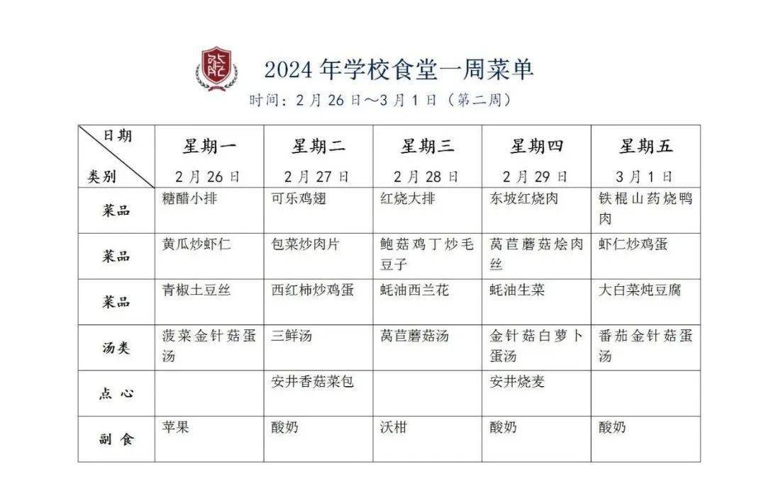 【食堂·每周菜谱】海门区第一实验小学2023～2024学年度第二学期第二