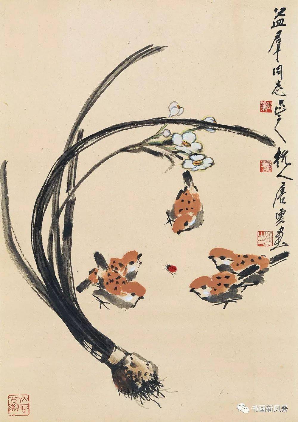 唐云 水仙麻雀唐云 丝瓜麻雀何海霞 梅竹飞雀萧朗 双雀图萧朗 飞雀图