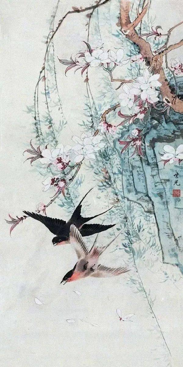 《钱塘湖春行》陆抑非 《桃柳燕子图》燕子不来花著雨,春风应自怨黄昏