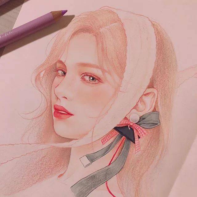 韩国彩铅手绘人物清新少女太清新太美了