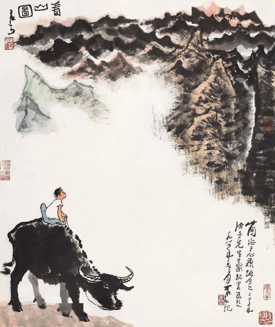 中国古美術・純手描き牧牛図三尺画芯・水墨画・李可染印款・書道品・宣紙・带水印 中国古美術・純手描き牧牛図三尺画芯・水墨画・李可染印款・書道品