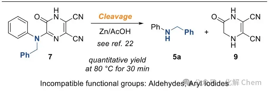 并在80℃下加热混合物10-30分钟,结果是吡嗪环的还原和交偶产物的释放