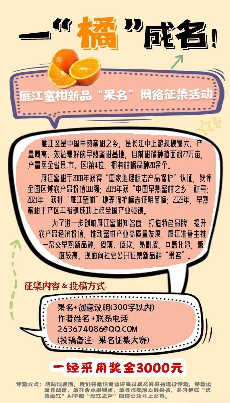 所有人快来为雁江蜜柑新品取果名一经采用奖金3000元