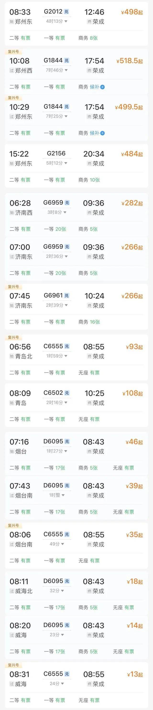 2小时22分郑州东至荣成站最快4小时13分新增往返郑州,成都方向的列车