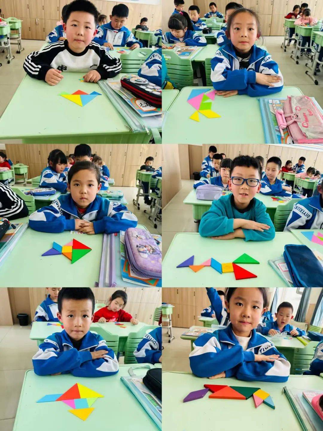 一年级组"神奇的七巧板"活动中,一副副小小的七巧板,在同学们一双双