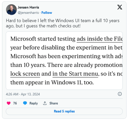 微软前用户体验主管对 Win11 开始菜单广告表达不满