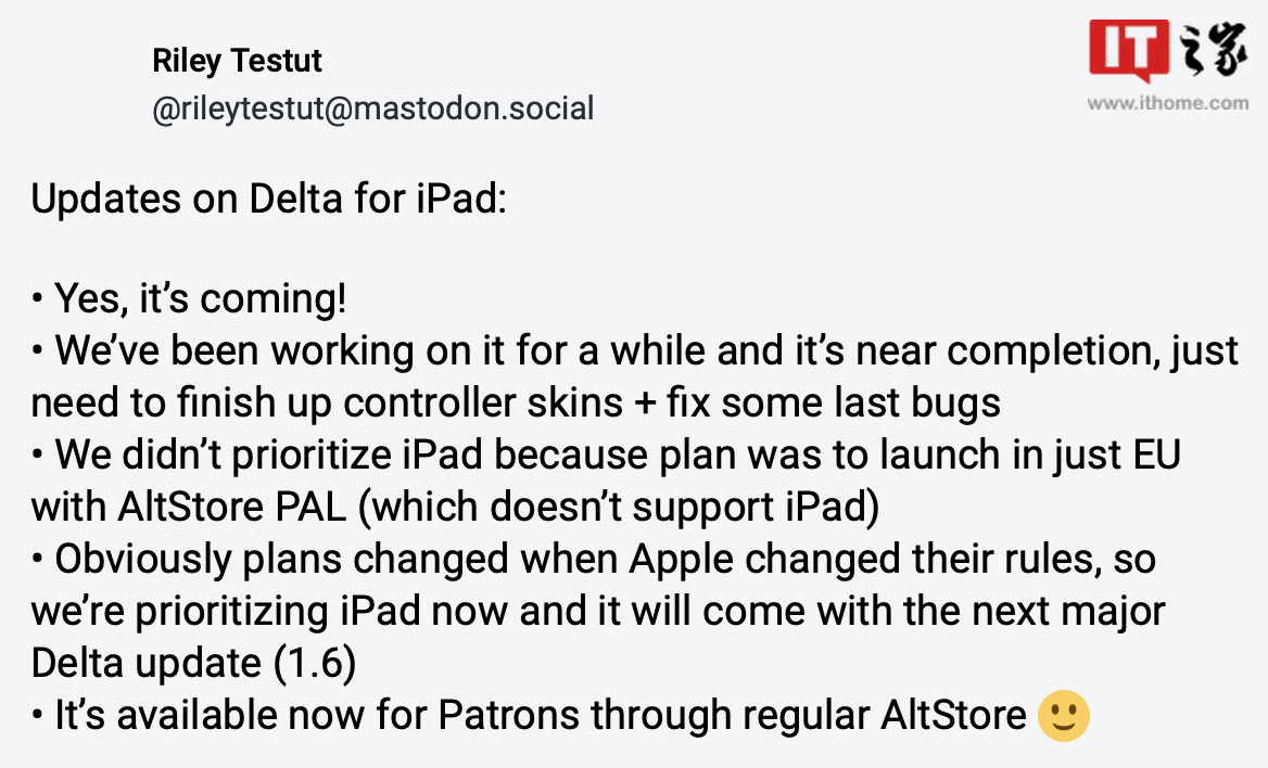 Delta 游戏模拟器官宣 1.6 版更新支持苹果 iPad