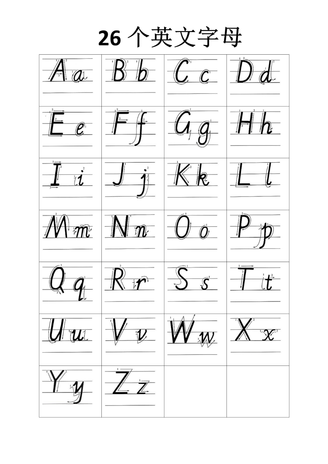 26个英语字母规范书写示范,附笔顺书写及四线三格(可直接打印)
