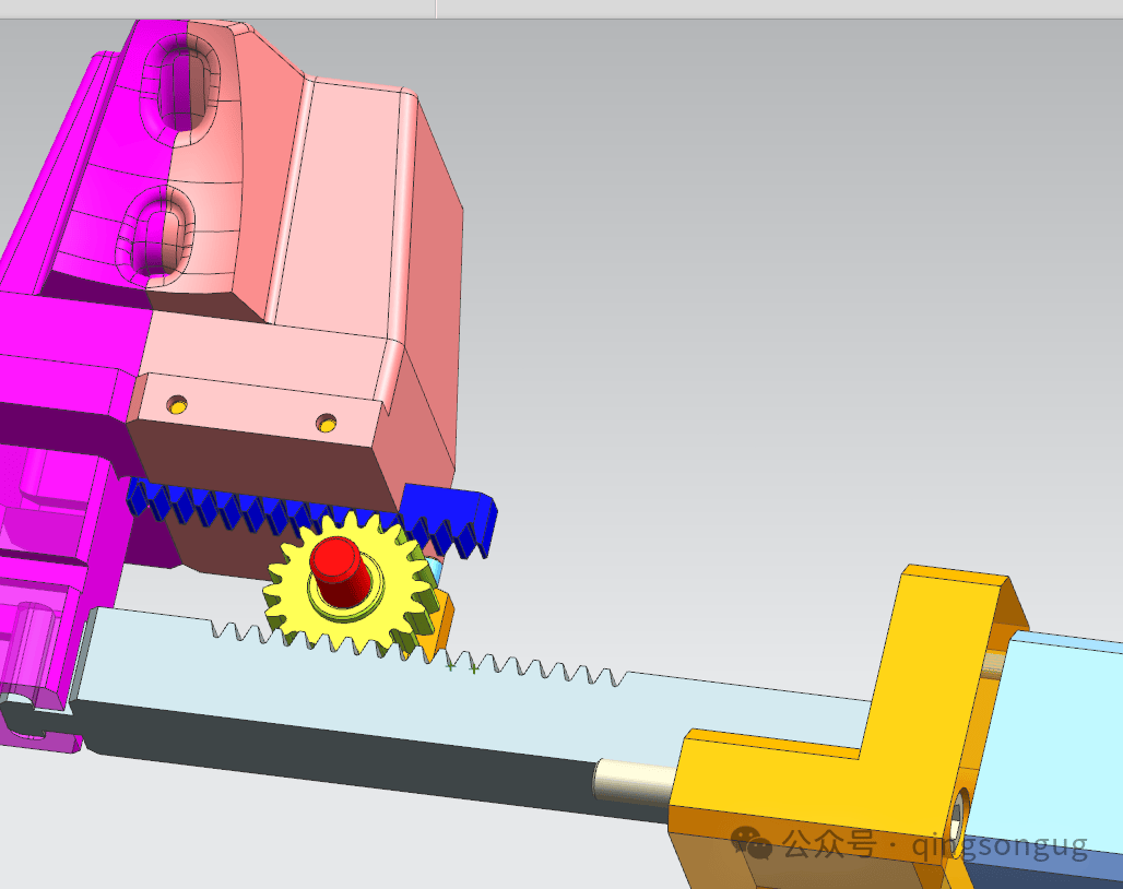 通过齿条上面的齿轮带动外部滑块滑块结构:液压缸推动内部滑块运动