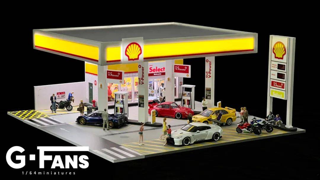 新品预定~ g-fans 1:64 壳牌加油站&nismo汽车展厅 展示场景