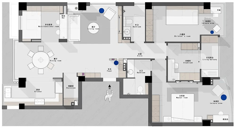 the bathroom adopts a classic black, white, and gray combination