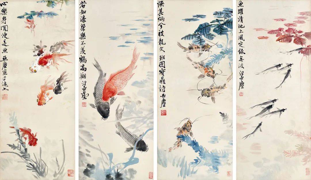 中国美術　汪亞塵　肉筆画　金魚 汪亚尘金鱼四屏，鱼的欢快，水的轻柔_艺术_作品_中国