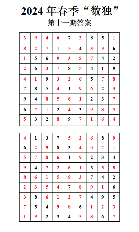 数独挑战┊第十,十一期参考答案及获奖名单