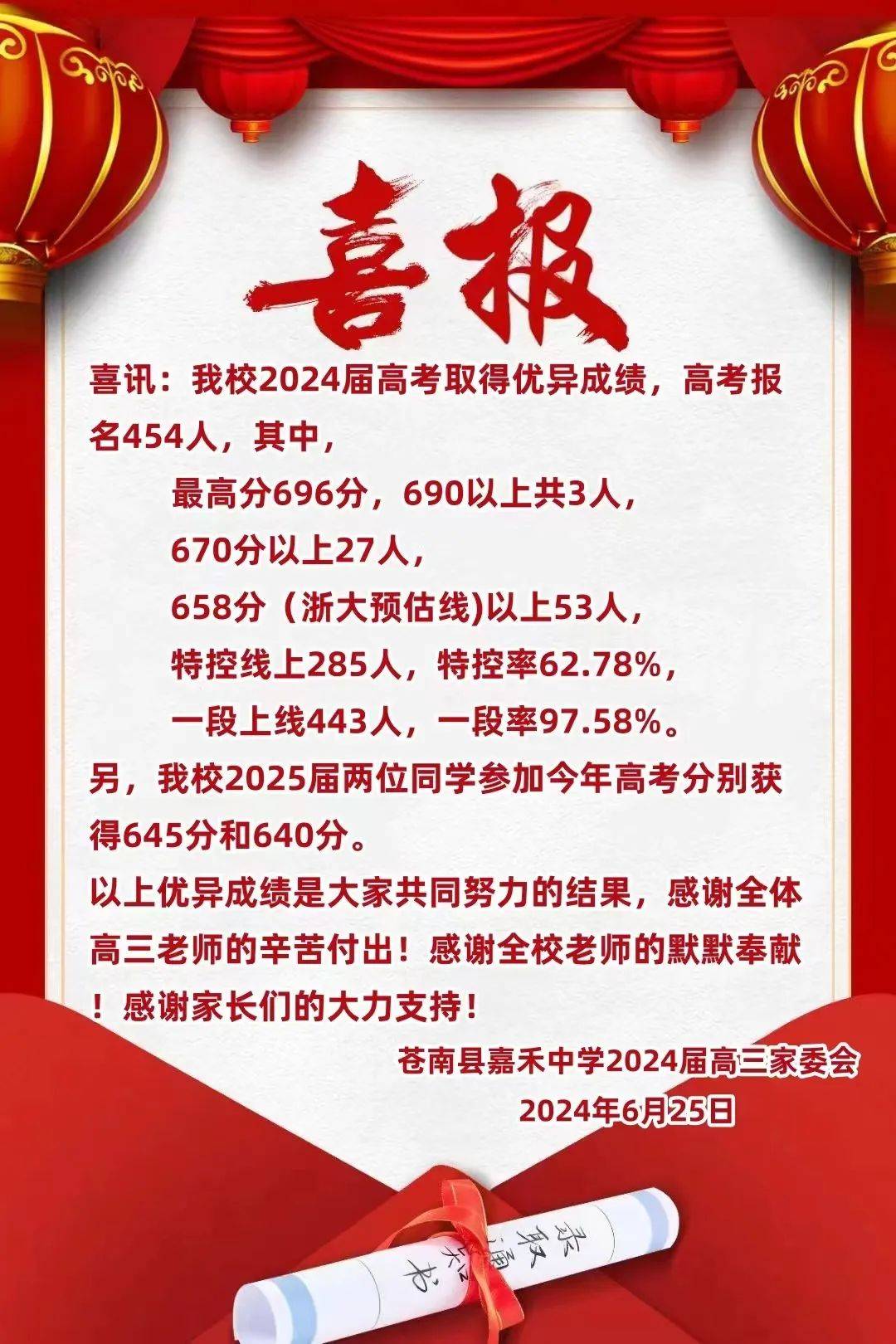 苍南嘉禾中学喜报2021图片