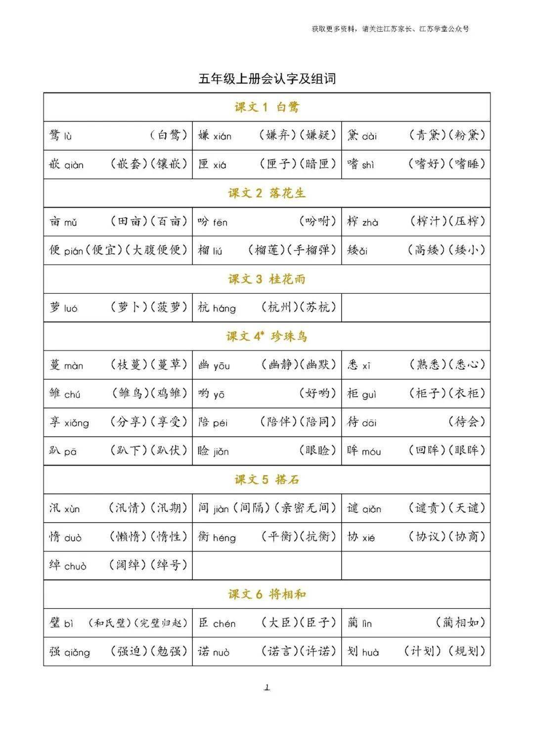 五年级上册落花生组词图片