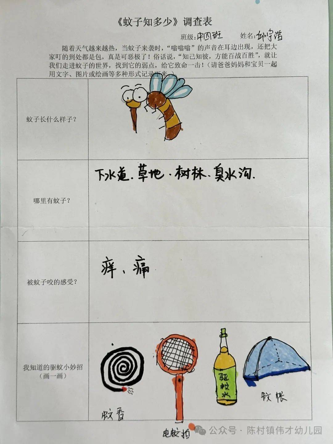 "带着这些问题,我们制作《蚊子知多少》的调查表,并请孩子们和爸爸