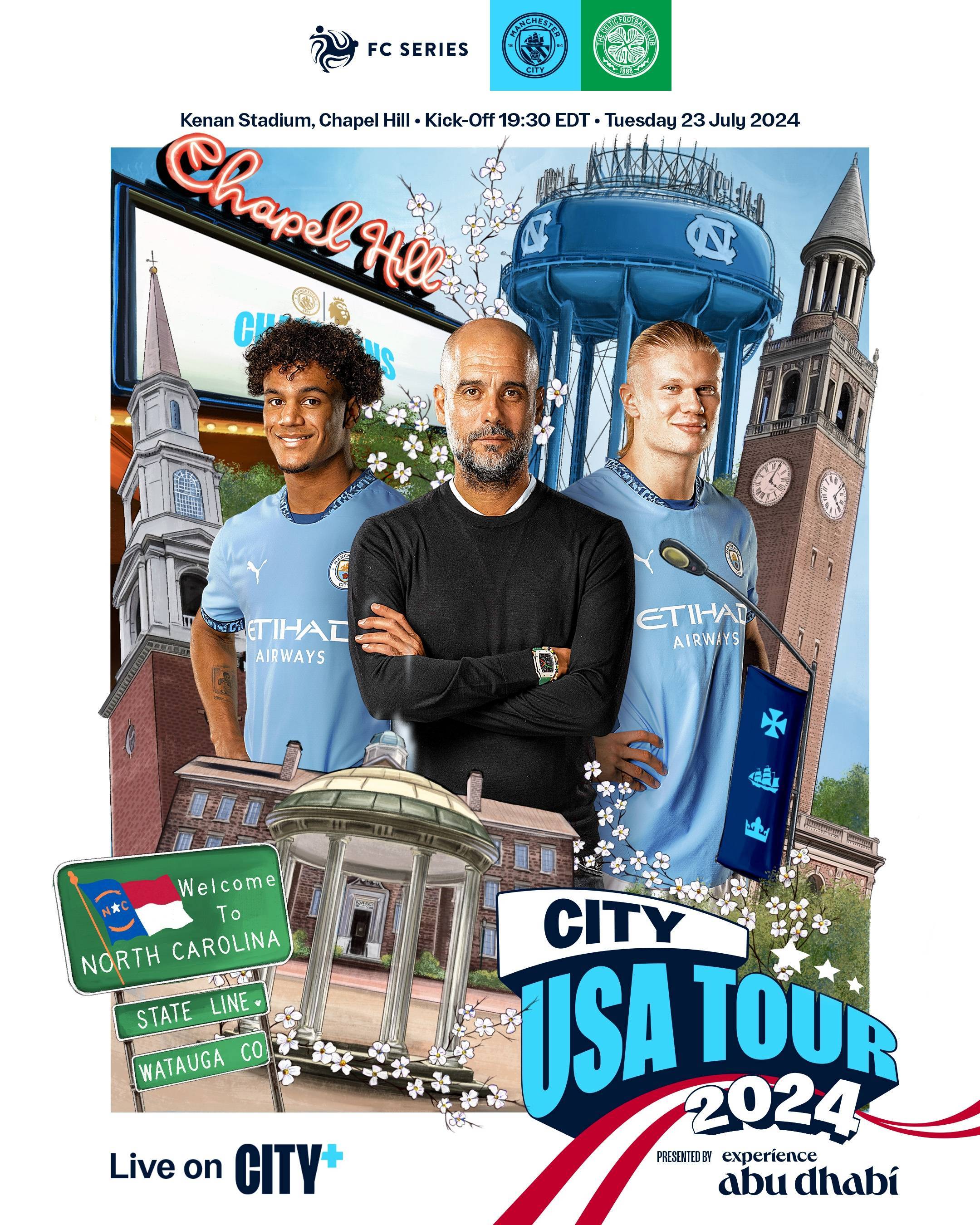 曼城发布对阵凯尔特人海报:瓜迪奥拉携哈兰德,鲍勃出镜