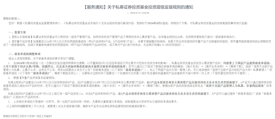 新规实施倒计时！有托管发通知，涉及私募基金嵌套层级事项_投资_运作_产品