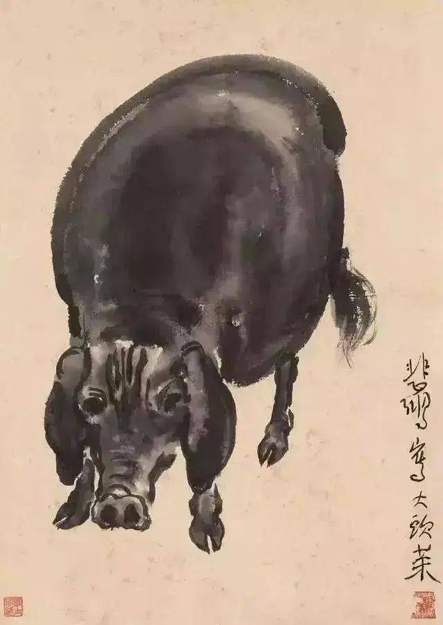 徐悲鸿 墨猪,浓淡刻画,趣味十足