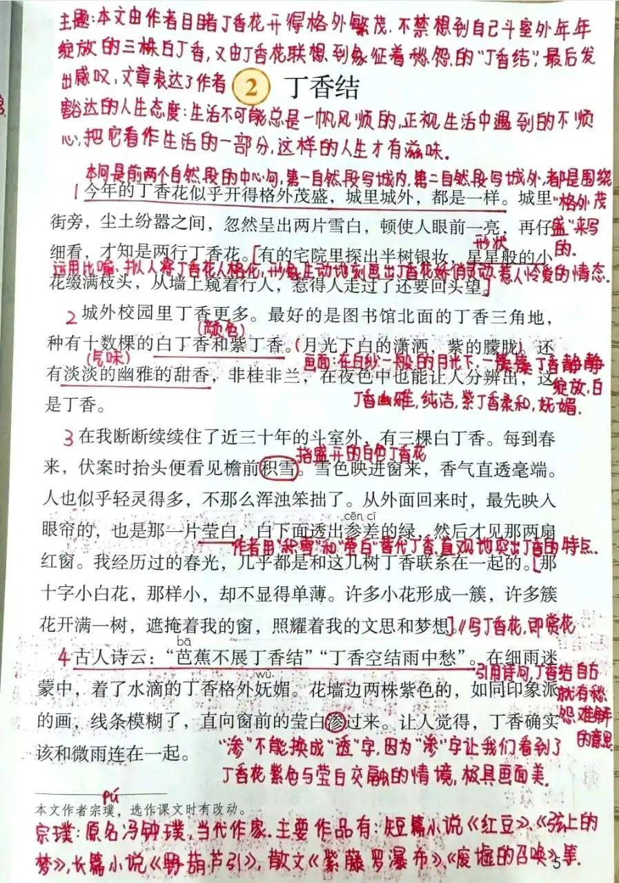 教师注书头】六年级上册语文第2课《丁香结》笔记及同步练习附参考答案_