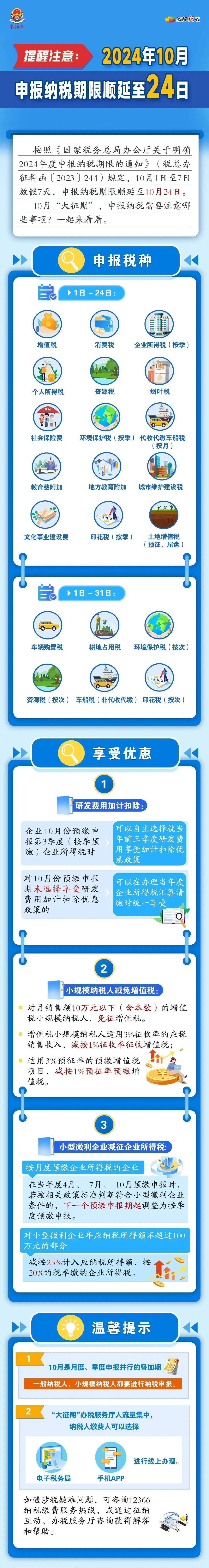 提醒 2024年10月申报纳税期限顺延至24日