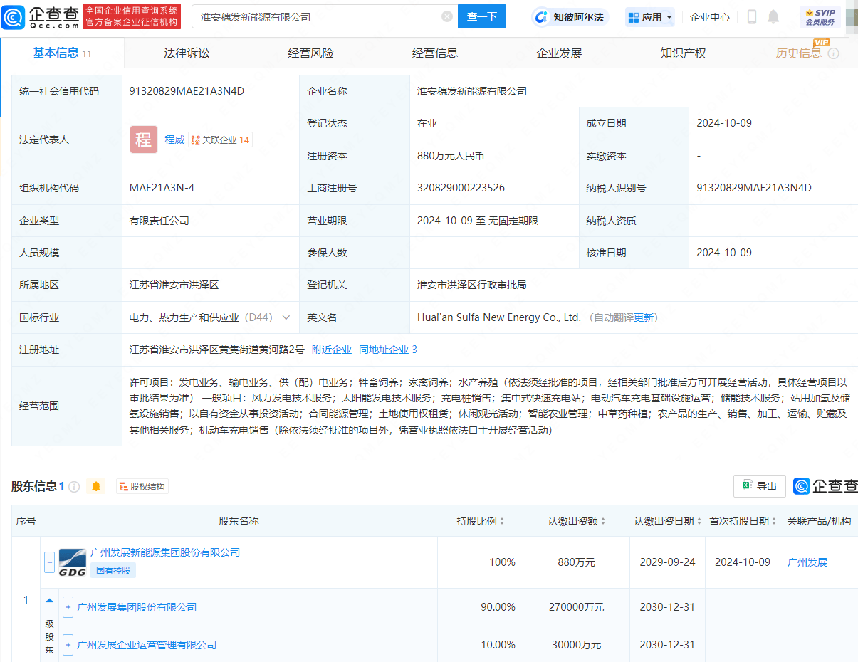 广州发展投资成立新能源公司，含集中式快速充电站业务