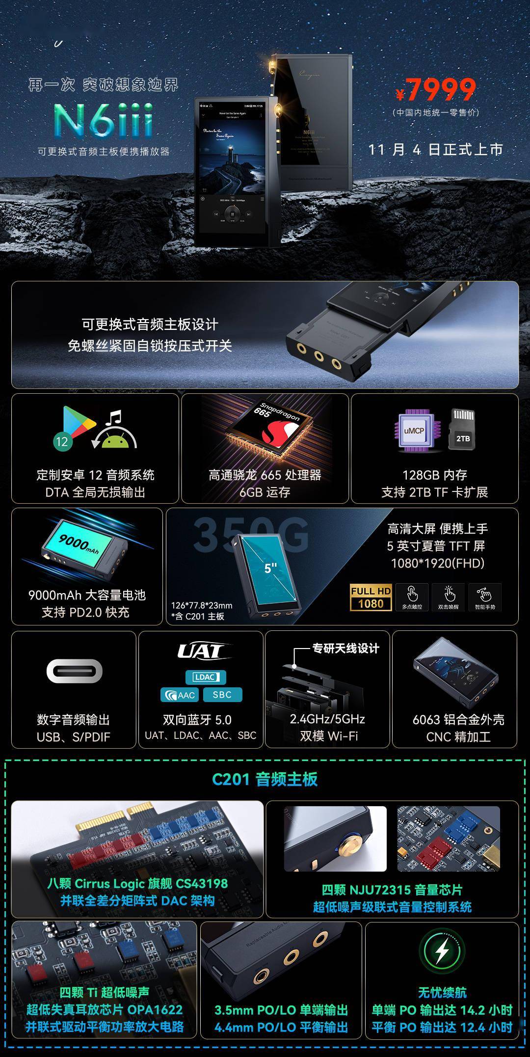 凯音推出 Cayin N6iii 便携无损音乐播放器：7999元，11月4日上市