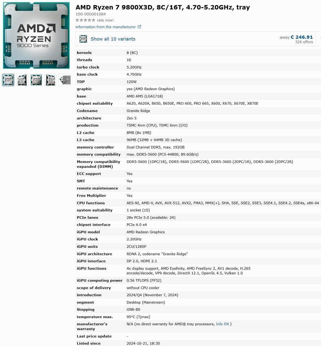 AMD 锐龙 7 9800X3D 完整规格泄露：8 个 Zen 5 核心、120W TDP