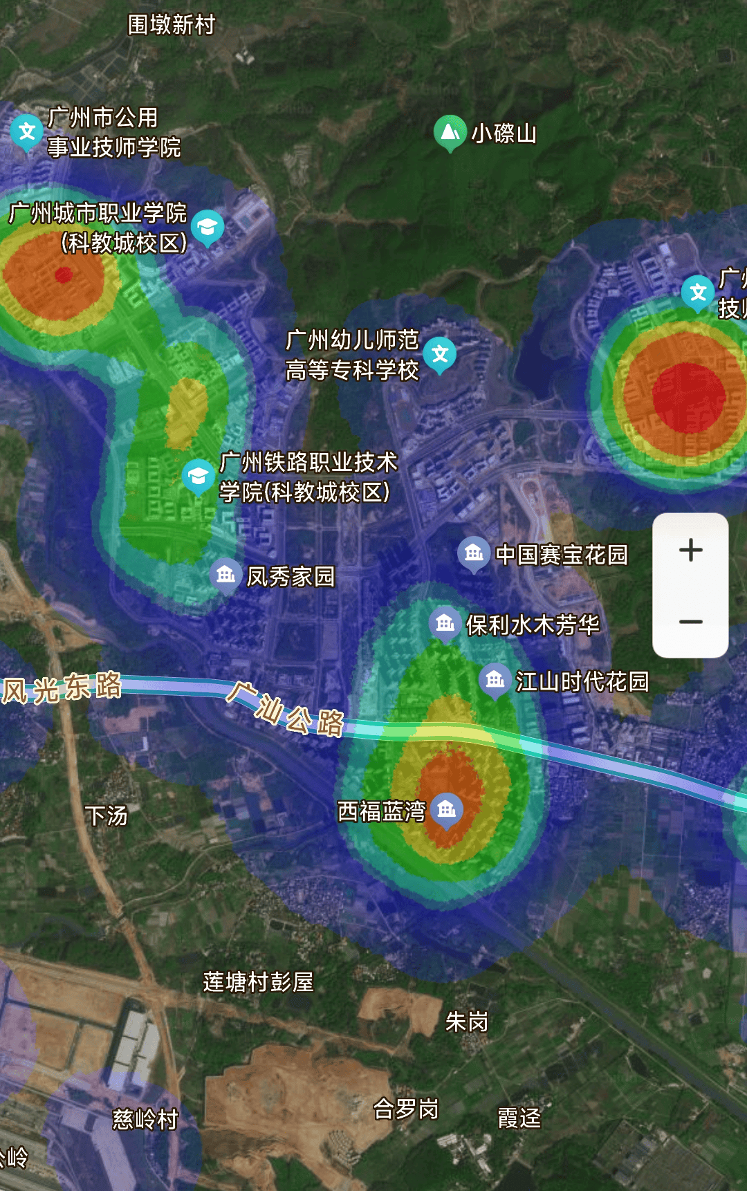 白天打开热力图,只有两所职校 凤岗地铁站旁边的小区稍有人气,其余
