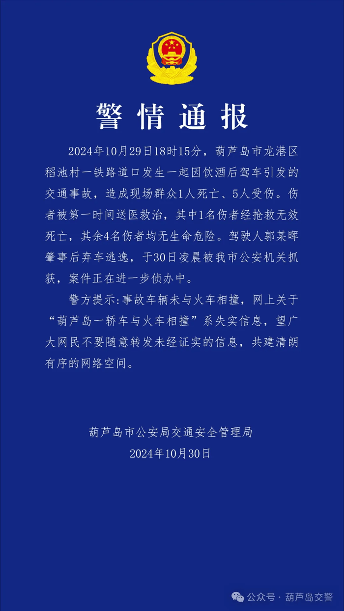 肇事者已被抓获 辽宁葫芦岛一铁路道口发生交通事故致2死4伤 警方通报